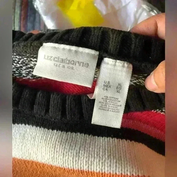 LIZ CLAIBORNE STRIPED RAINBOW CREW NECK CHUNKY COTTON SWEATER XL - Picture 4 of 4